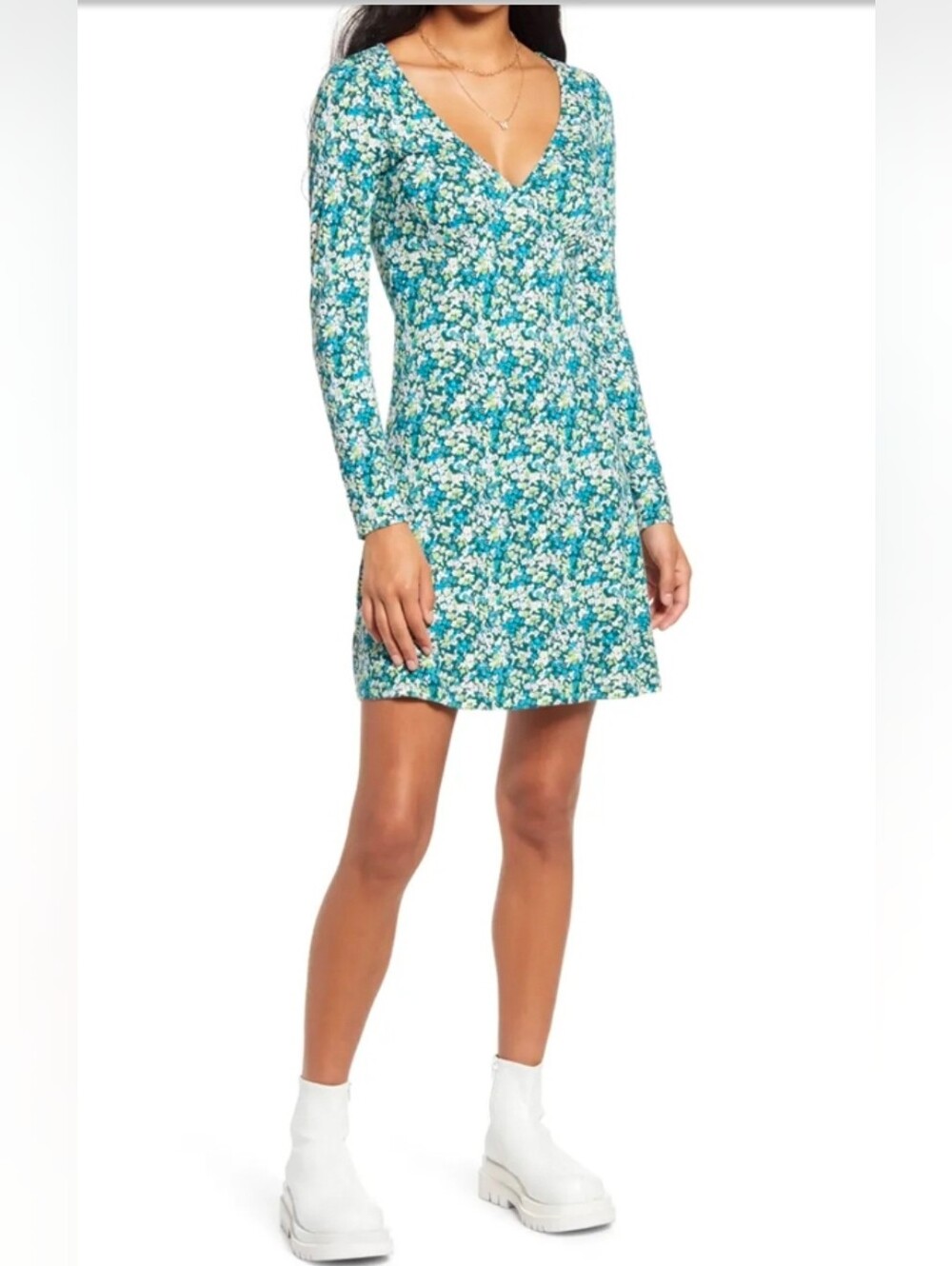 Bp. Long Sleeve Floral Print Knit Dress V-Neck Teal Size Small